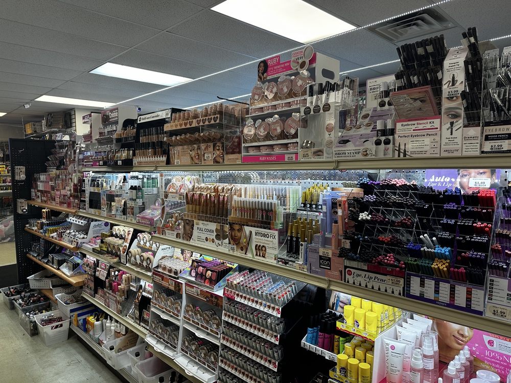 Our cosmetics aisle, liners, lashes, and face products on the gondolas
