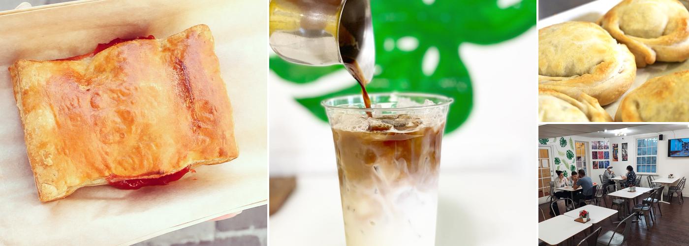 Our dining room, pastries, and an iced cafe con leche pour