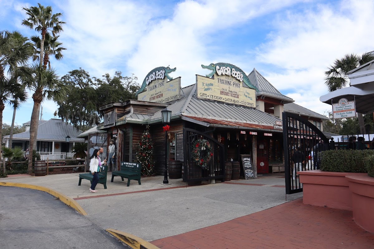 Our San Marco storefront: gator signs, souvenirs, penny arcade, gator heads