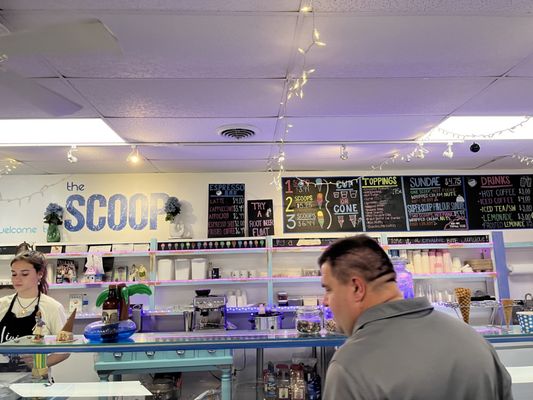 Our chalkboard: scoops, sundaes, espresso, and drinks