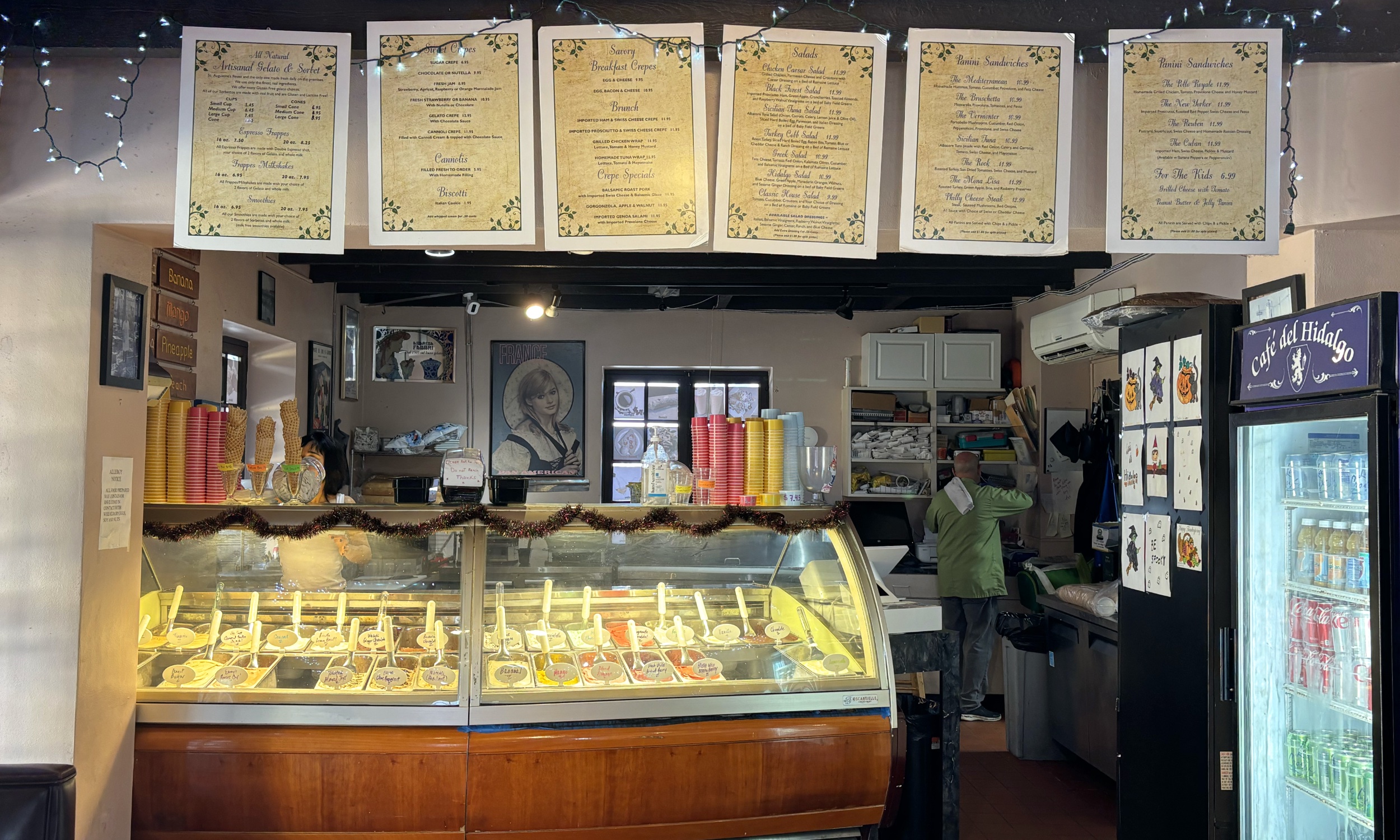 Our counter, gelato case, and menu boards inside Café del Hidalgo.