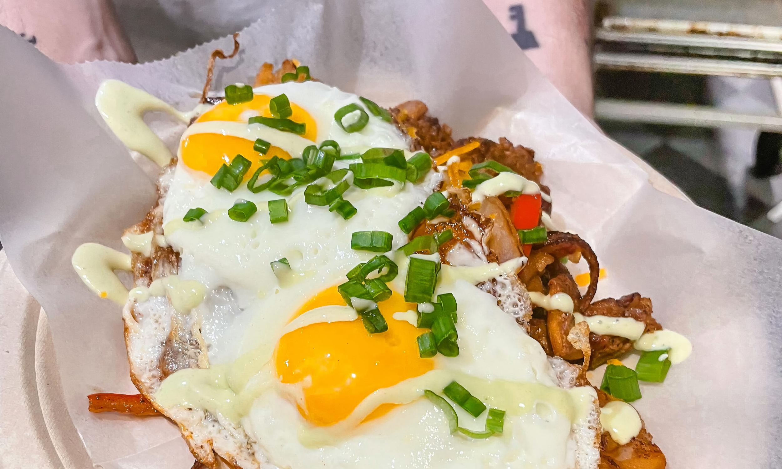 Two eggs with our chorizo hash