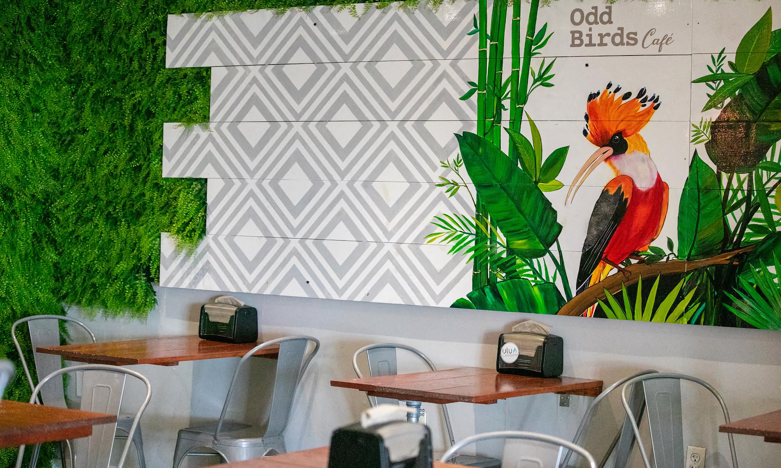 Our hoopoe mural and the tables inside