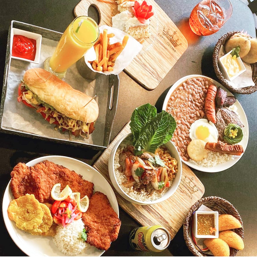 Colombian plates, empanadas, and drinks from De Leon Latin Cocina