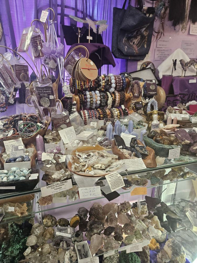 Jewelry and crystal specimens on our glass counter