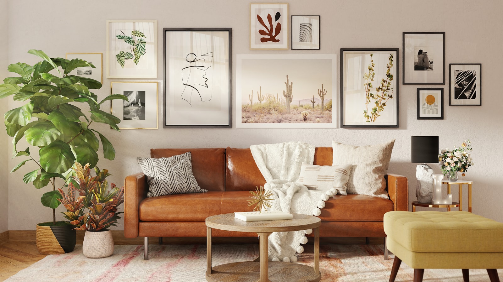A wood table and leather sofa in a warm living room, the kind of solid furniture we keep on the floor.