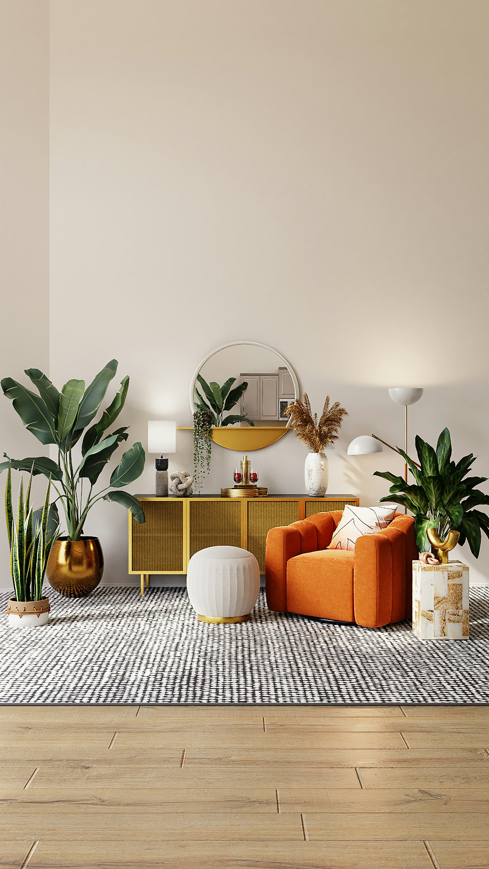 A warm interior with a terracotta chair, cane sideboard, and plants.